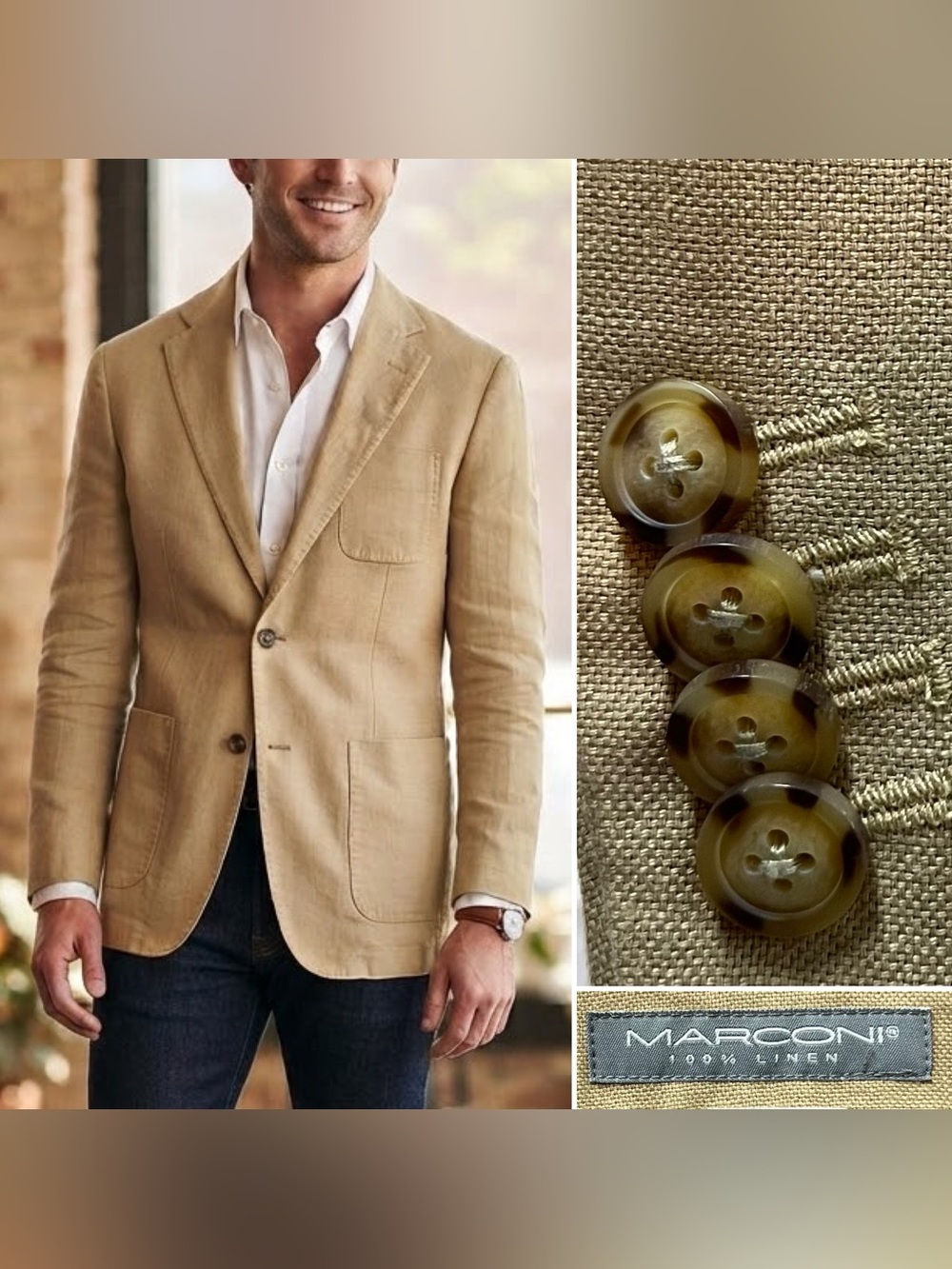 Marconi Men’s Tan Linen Blazer Jacket Sport Coat